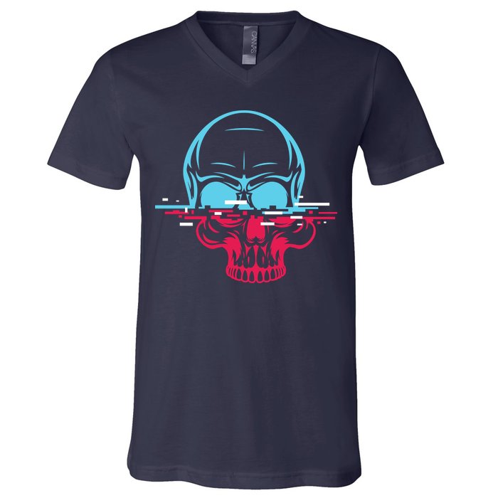 Two Tone Skull With Distortion V-Neck T-Shirt