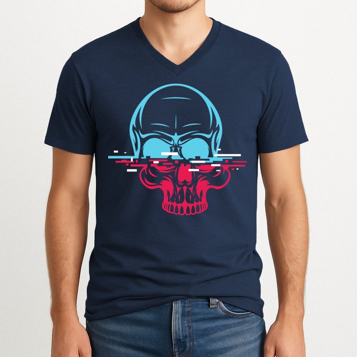 Two Tone Skull With Distortion V-Neck T-Shirt