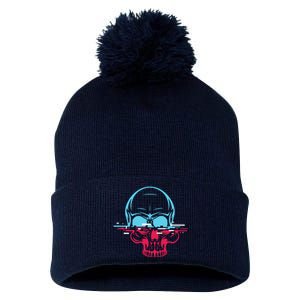 Two Tone Skull With Distortion Pom Pom 12in Knit Beanie