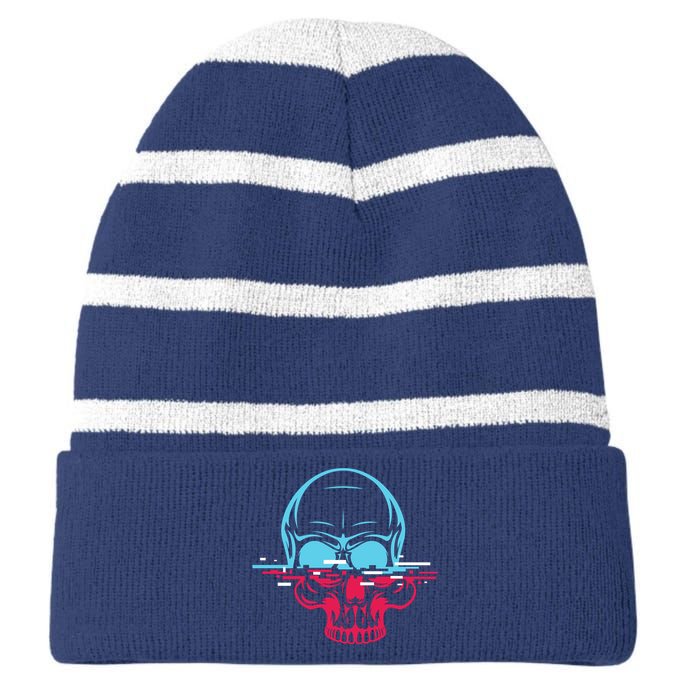 Two Tone Skull With Distortion Striped Beanie with Solid Band