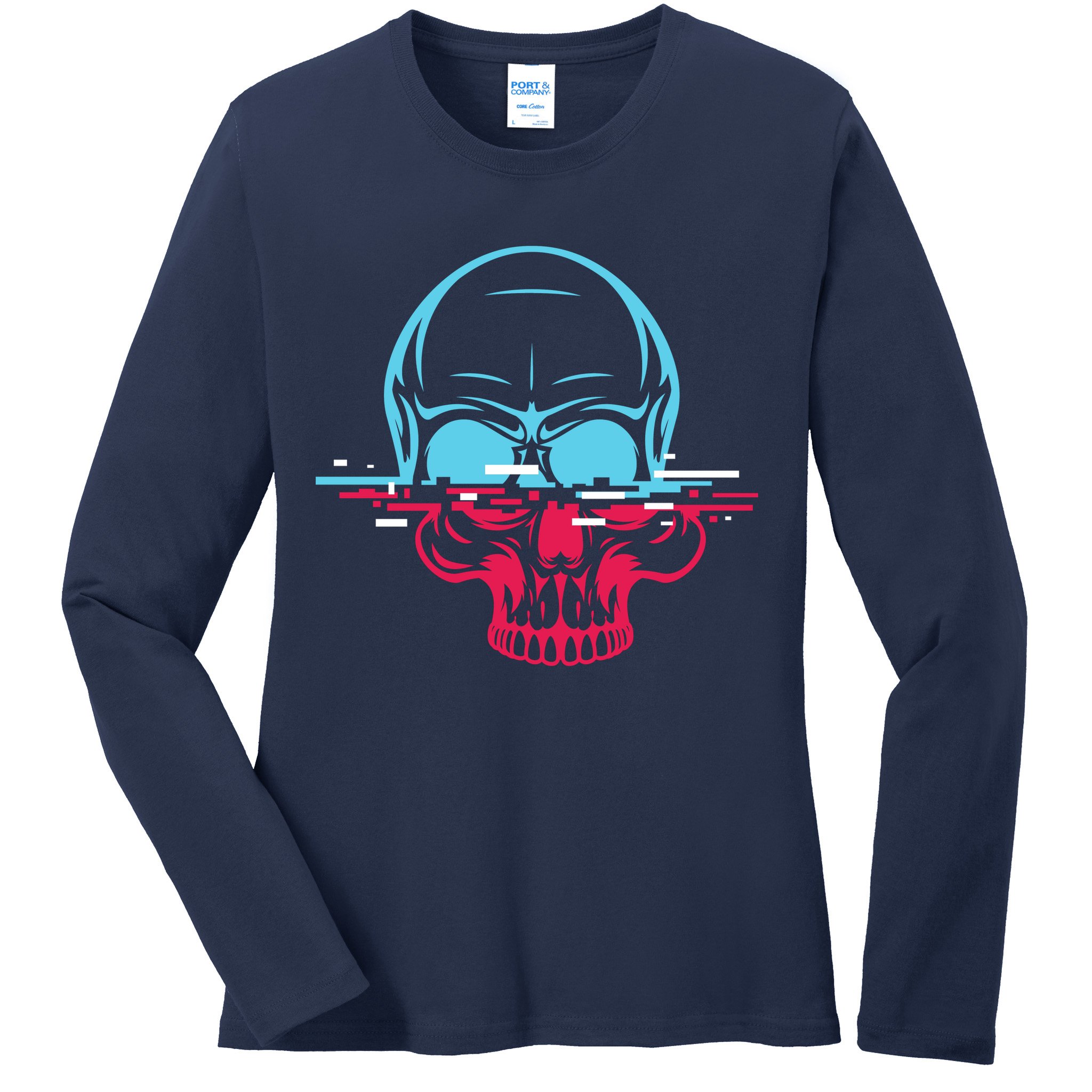 Two Tone Skull With Distortion Ladies Long Sleeve Shirt
