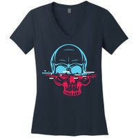 Two Tone Skull With Distortion Women's V-Neck T-Shirt