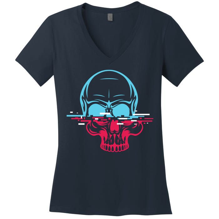 Two Tone Skull With Distortion Women's V-Neck T-Shirt
