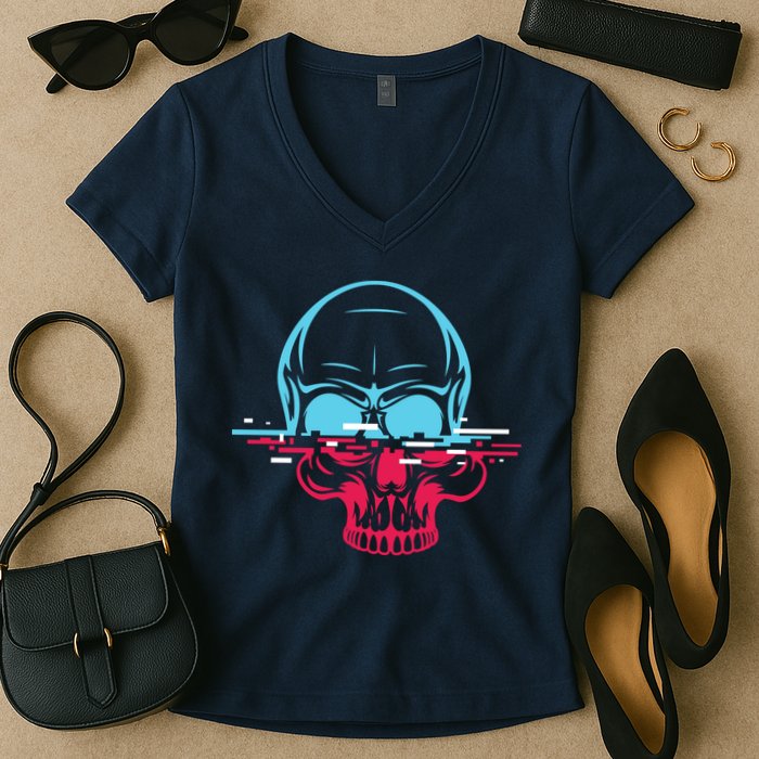 Two Tone Skull With Distortion Women's V-Neck T-Shirt