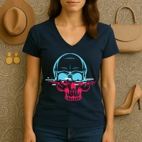 Two Tone Skull With Distortion Women's V-Neck T-Shirt