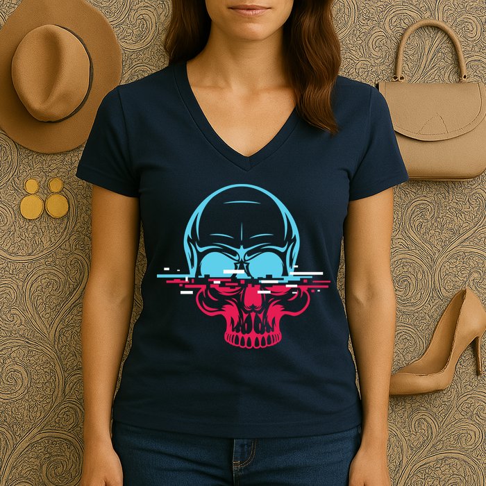 Two Tone Skull With Distortion Women's V-Neck T-Shirt