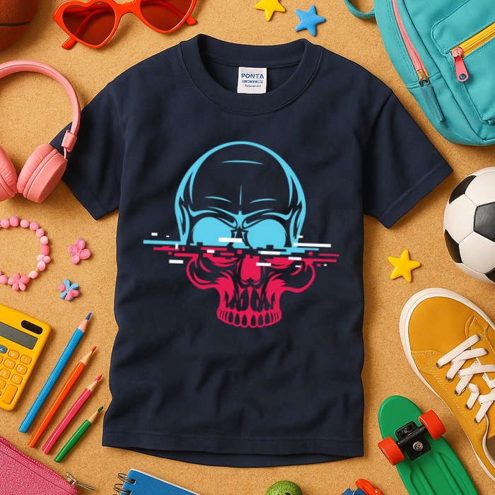 Two Tone Skull With Distortion Kids T-Shirt