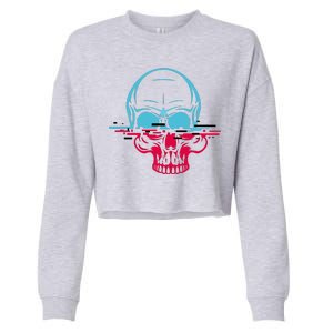 Two Tone Skull With Distortion Cropped Pullover Crew