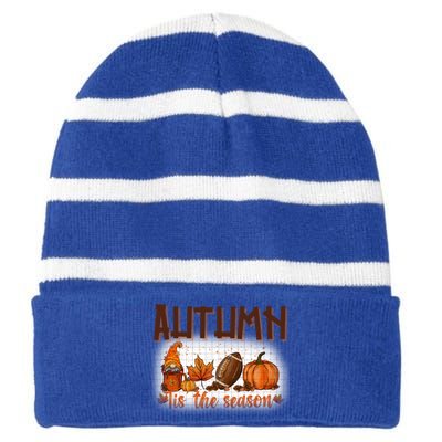 Tis' The Season Leopard Pumpkin Football Halloween Fall Great Gift Striped Beanie with Solid Band