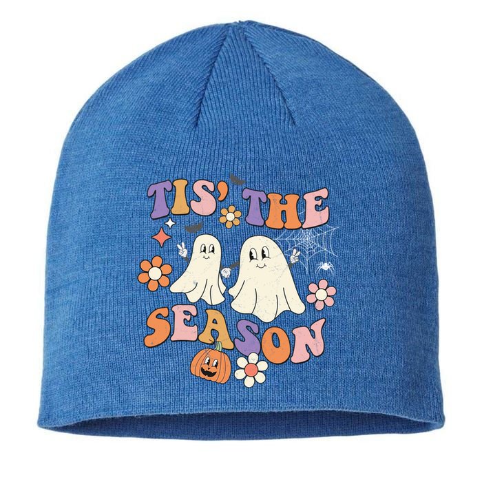 Tis The Season Halloween Groovy Vintage Retro Floral Ghost Gift Sustainable Beanie