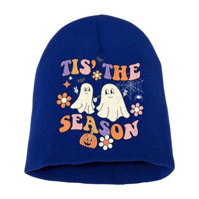 Tis The Season Halloween Groovy Vintage Retro Floral Ghost Gift Short Acrylic Beanie