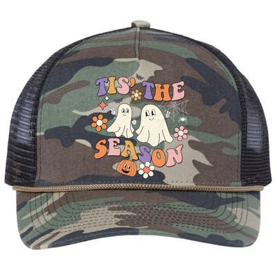 Tis The Season Halloween Groovy Vintage Retro Floral Ghost Gift Retro Rope Trucker Hat Cap