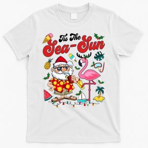 Tis The Sea Sun Santa Christmas In July Flamingo T-Shirt