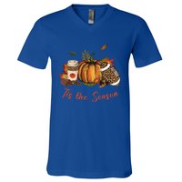 Tis The Season Leopard Pumpkin Football Fall A V-Neck T-Shirt