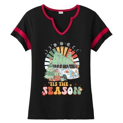 Tis' The Season Merry Camper Christmas Tree RV Camping Xmas Ladies Halftime Notch Neck Tee