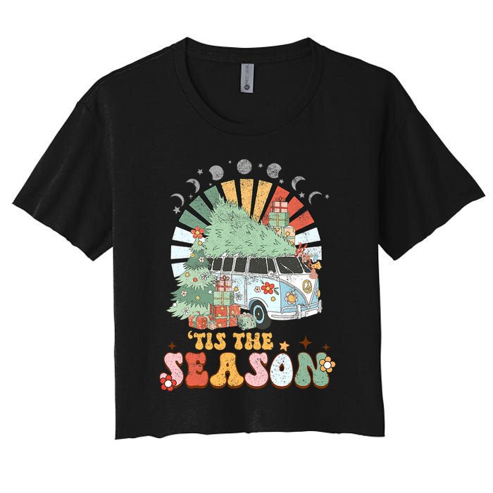 Tis' The Season Merry Camper Christmas Tree RV Camping Xmas Women's Crop Top Tee