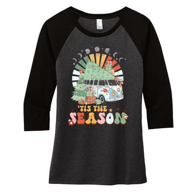 Tis' The Season Merry Camper Christmas Tree RV Camping Xmas Women's Tri-Blend 3/4-Sleeve Raglan Shirt