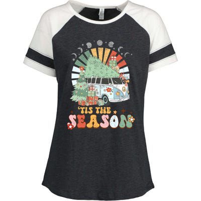 Tis' The Season Merry Camper Christmas Tree RV Camping Xmas Enza Ladies Jersey Colorblock Tee