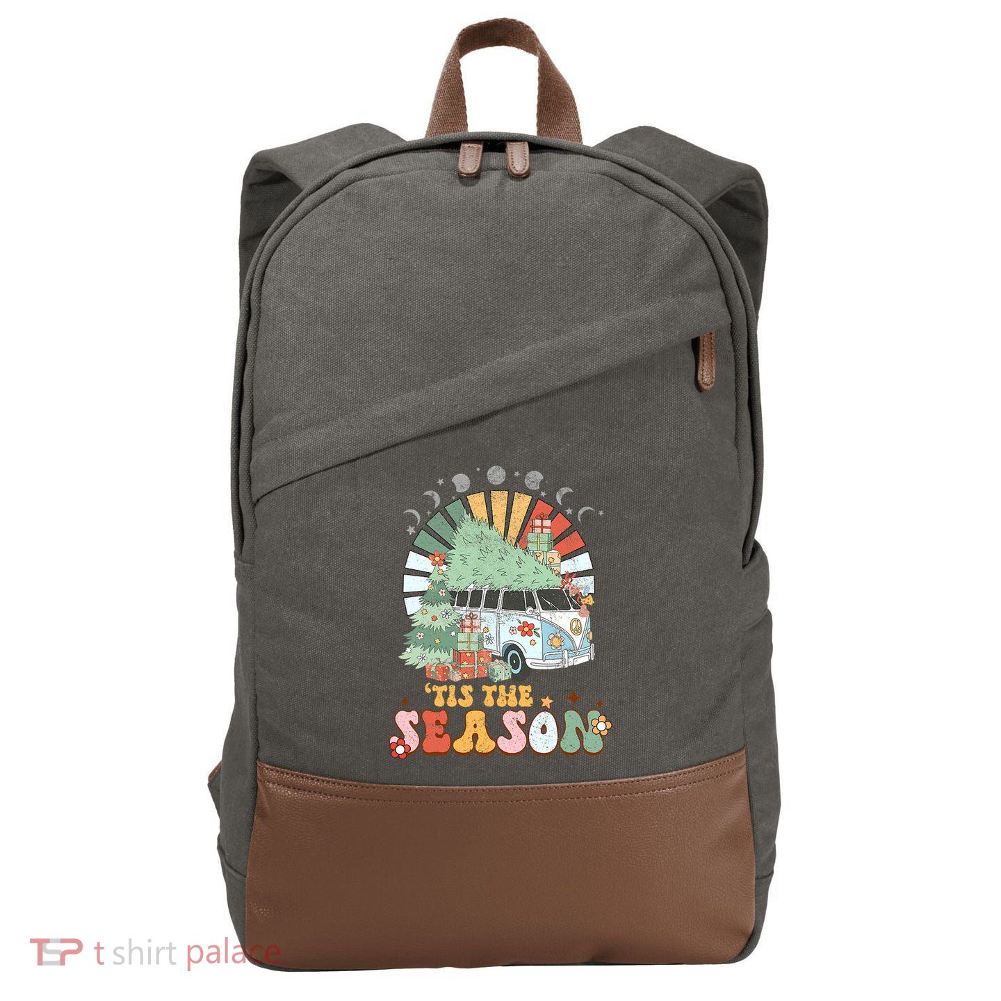 Tis' The Season Merry Camper Christmas Tree RV Camping Xmas Cotton Canvas Backpack