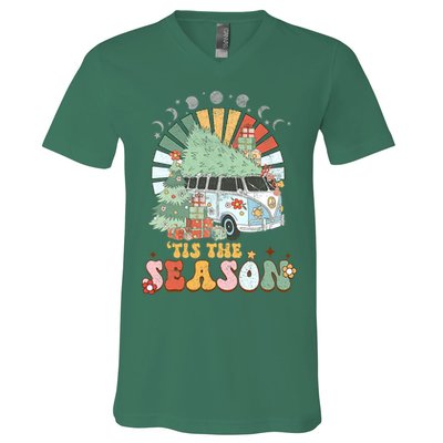 Tis' The Season Merry Camper Christmas Tree RV Camping Xmas V-Neck T-Shirt