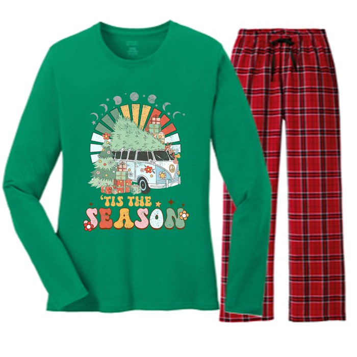 Tis' The Season Merry Camper Christmas Tree RV Camping Xmas Women's Long Sleeve Flannel Pajama Set 