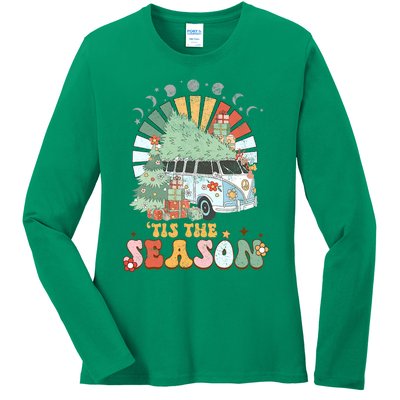 Tis' The Season Merry Camper Christmas Tree RV Camping Xmas Ladies Long Sleeve Shirt