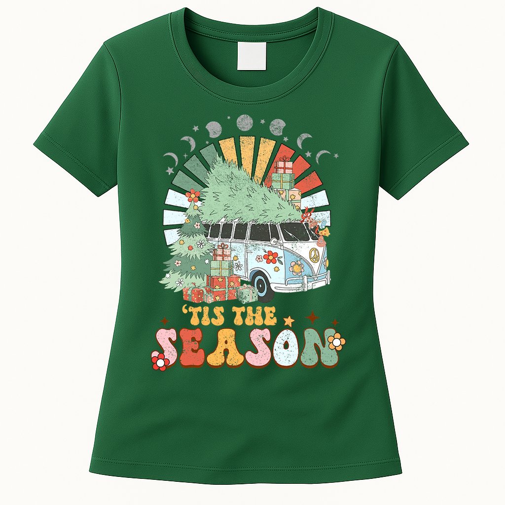 Tis' The Season Merry Camper Christmas Tree RV Camping Xmas Womens T-Shirt
