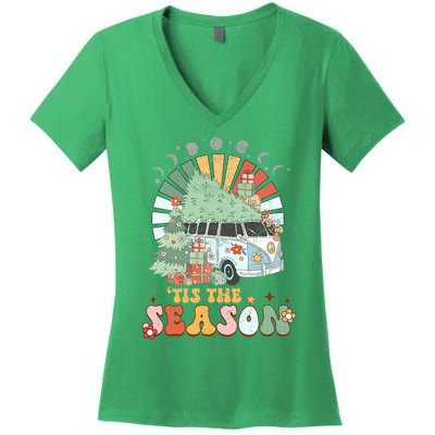 Tis' The Season Merry Camper Christmas Tree RV Camping Xmas Women's V-Neck T-Shirt