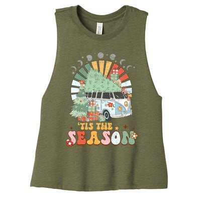 Tis' The Season Merry Camper Christmas Tree RV Camping Xmas Women's Racerback Cropped Tank