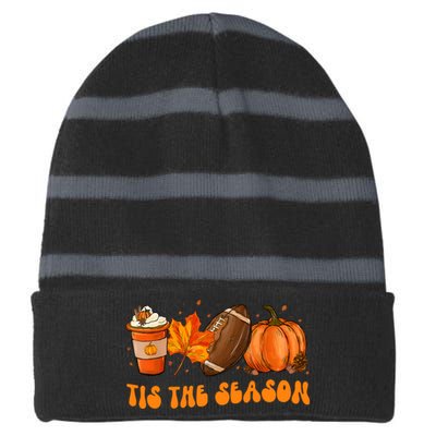 Tis The Season Football Fall Thanksgiving Striped Beanie with Solid Band