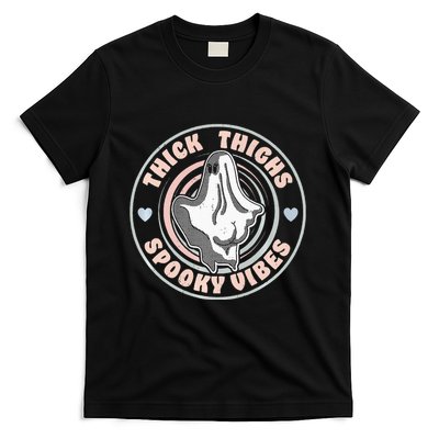 Thick Thighs Spooky Vibes Funny Halloween Ghost Pastel Goth T-Shirt