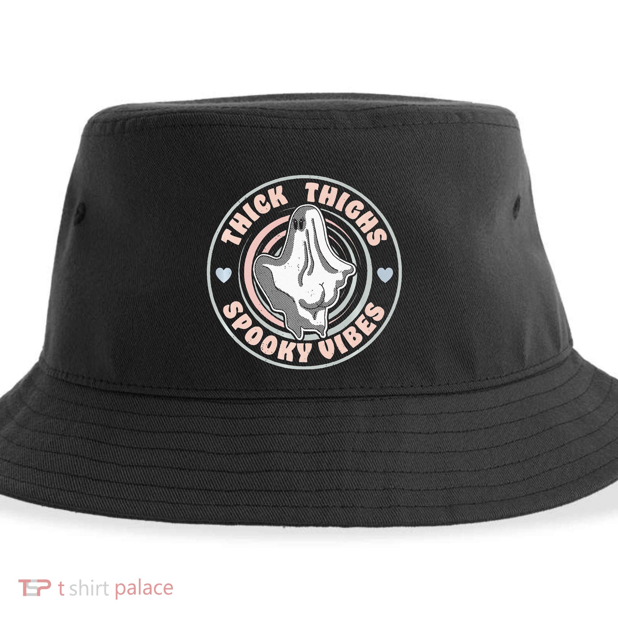 Thick Thighs Spooky Vibes Funny Halloween Ghost Pastel Goth Sustainable Bucket Hat