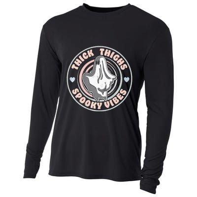 Thick Thighs Spooky Vibes Funny Halloween Ghost Pastel Goth Cooling Performance Long Sleeve Crew