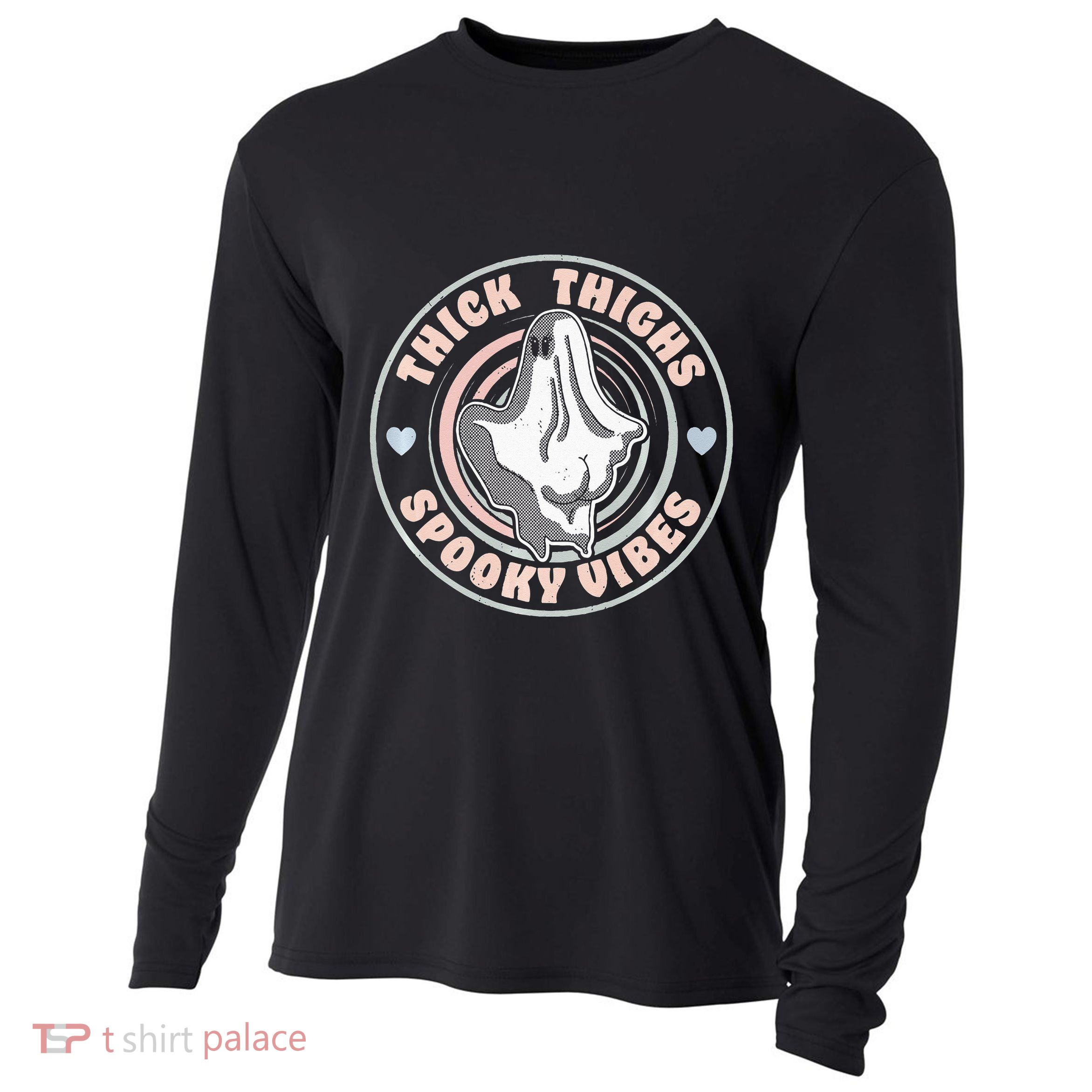 Thick Thighs Spooky Vibes Funny Halloween Ghost Pastel Goth Cooling Performance Long Sleeve Crew