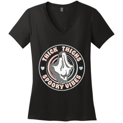 Thick Thighs Spooky Vibes Funny Halloween Ghost Pastel Goth Women's V-Neck T-Shirt