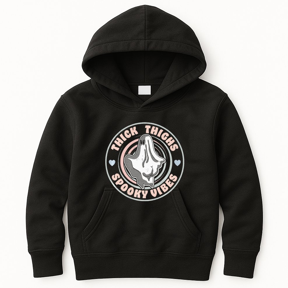 Thick Thighs Spooky Vibes Funny Halloween Ghost Pastel Goth Kids Hoodie