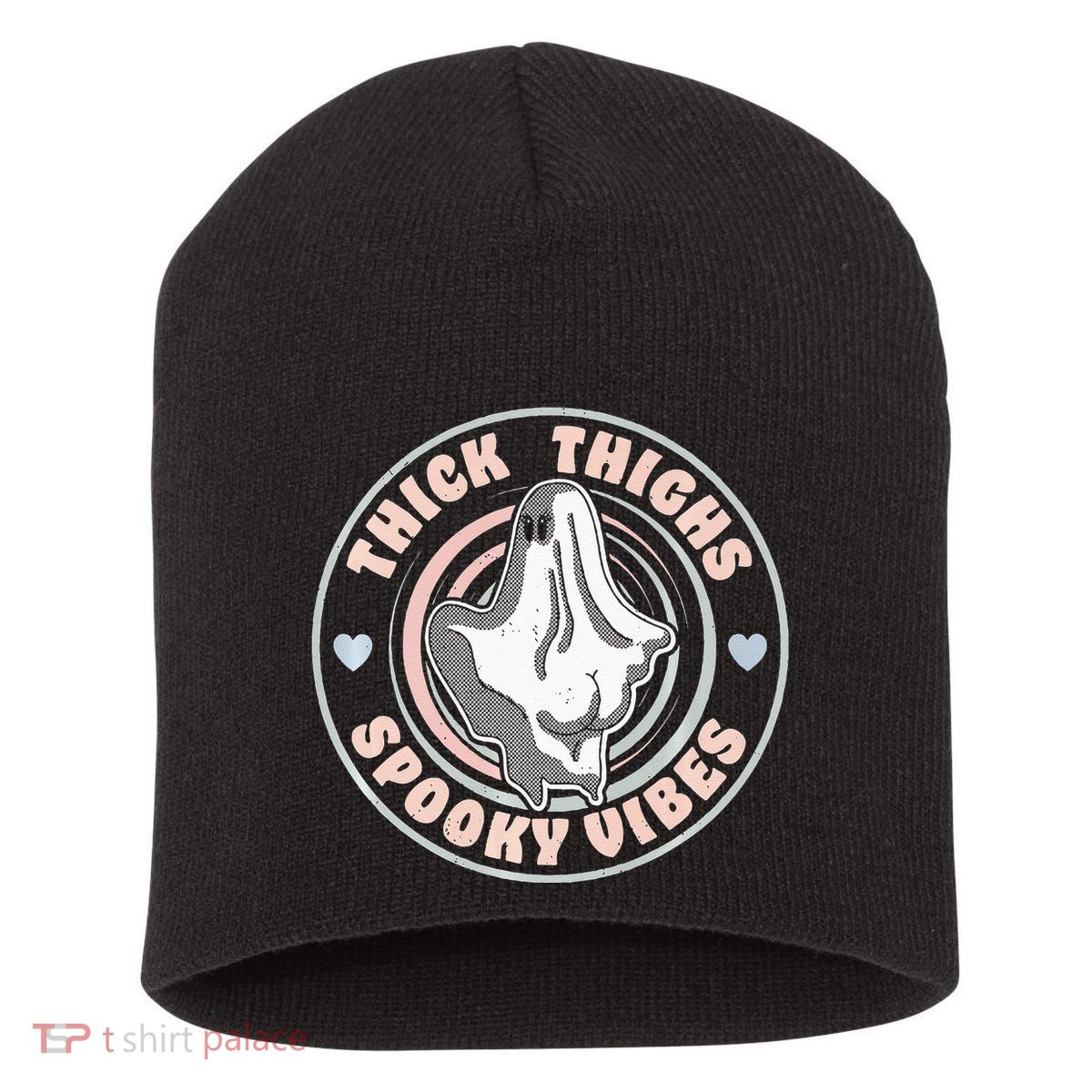 Thick Thighs Spooky Vibes Funny Halloween Ghost Pastel Goth Short Acrylic Beanie
