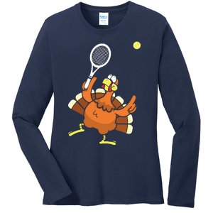 Turkey Tennis Sunset Retro Thanksgiving Sport Ladies Long Sleeve Shirt