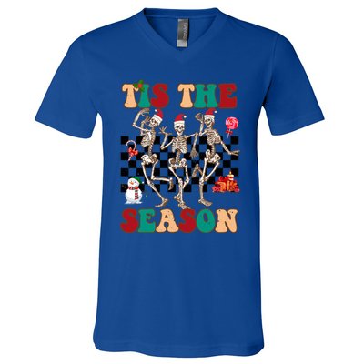 Tis The Season Funny Dancing Skeleton Christmas Retro Xmas Funny Gift V-Neck T-Shirt