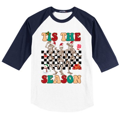 Tis The Season Funny Dancing Skeleton Christmas Retro Xmas Funny Gift Baseball Sleeve Shirt