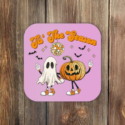 Tis The Season Retro Ghost Pumpkin Halloween Thanksgiving Coaster