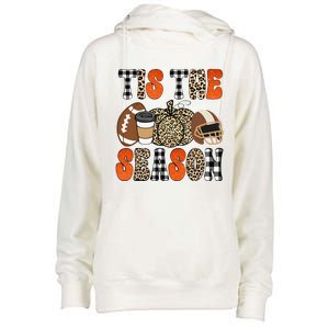 Tis The Season Pumpkin Leaf Latte Fall Thanksgiving Football Womens Funnel Neck Pullover Hood