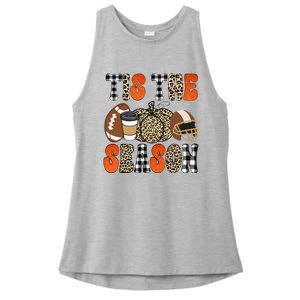 Tis The Season Pumpkin Leaf Latte Fall Thanksgiving Football Ladies PosiCharge Tri-Blend Wicking Tank