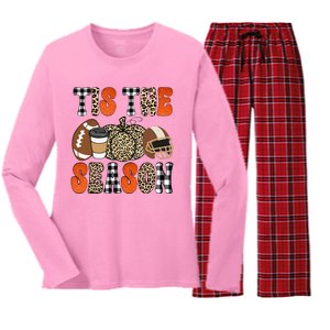 Tis The Season Pumpkin Leaf Latte Fall Thanksgiving Football Women's Long Sleeve Flannel Pajama Set 