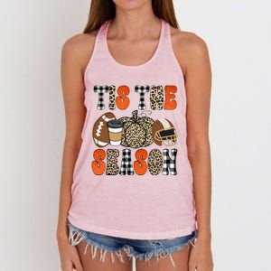 Tis The Season Pumpkin Leaf Latte Fall Thanksgiving Football Women's Knotted Racerback Tank