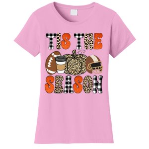 Tis The Season Pumpkin Leaf Latte Fall Thanksgiving Football Women's T-Shirt