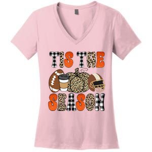 Tis The Season Pumpkin Leaf Latte Fall Thanksgiving Football Women's V-Neck T-Shirt