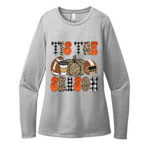 Tis The Season Pumpkin Leaf Latte Fall Thanksgiving Football Womens CVC Long Sleeve Shirt