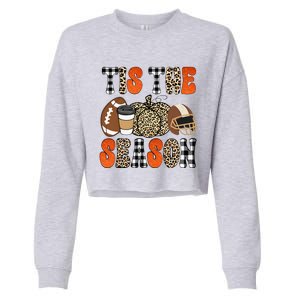 Tis The Season Pumpkin Leaf Latte Fall Thanksgiving Football Cropped Pullover Crew