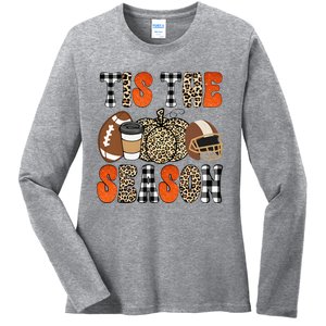 Tis The Season Pumpkin Leaf Latte Fall Thanksgiving Football Ladies Long Sleeve Shirt